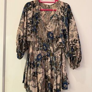 Free People Floral Paisley Dress in Blue and Cream